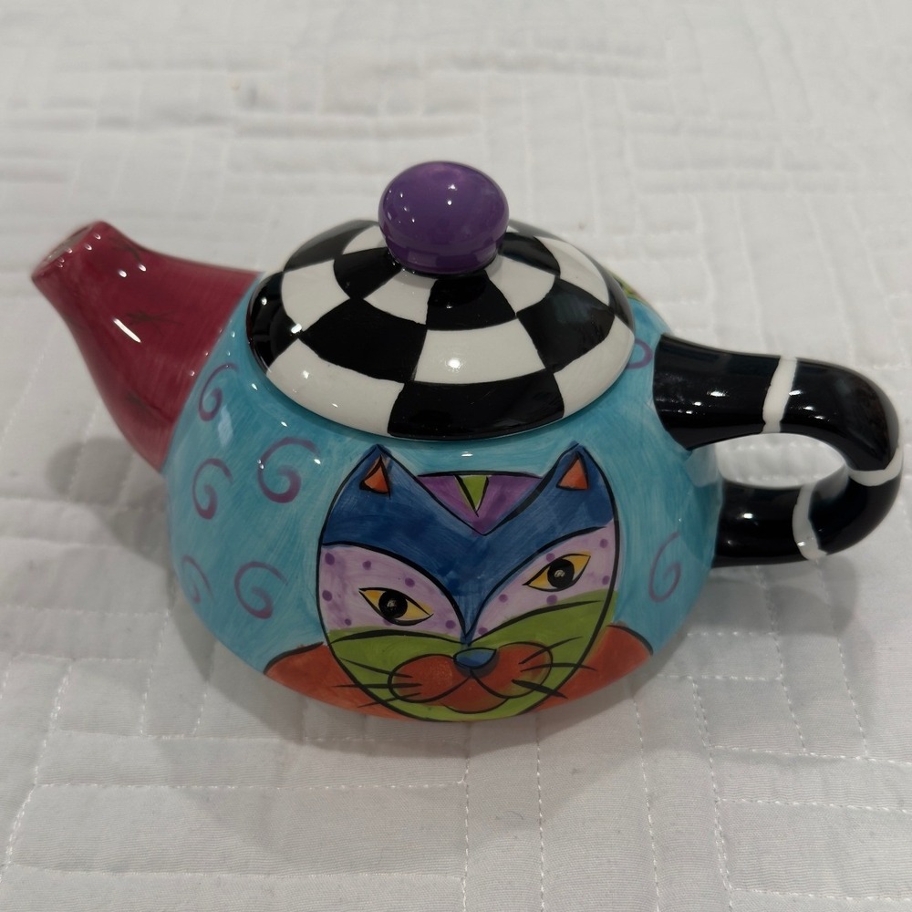Vintage Savile Row Whimsical Cat Ceramic Teapot Hand Painted Multicolor